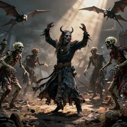 hyper realistic photography of drunk necromancer dancing with zombie buddies, apterus