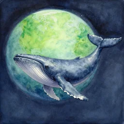 watercolor painting of alien deep space ship with huge body in the shape of a sperm whale near a beautiful planet with a lot of green and water, contemporary art in the style of john berkey