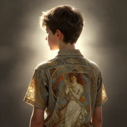 perfectly - portrait of a boy wearing shirt from behind, backlighting, intricate, highly detailed, digital painting, artstation, concept art, smooth, sharp focus, illustration, unreal engine 5, 8 k, art by artgerm and greg rutkowski and alphonse mucha
