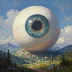 a high - fantasy painting of a giant eye ball in the sky in a mountain scape. detailed. beautiful.
