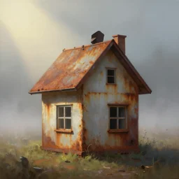 a house in the shape of a human, rust, hyperrealistic, highly detailed, cinematic, single ray of sun, fog, beautiful, cgssociety, artstation, 8 k, oil painting