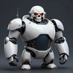 bulky robot with a skull head and red eyes