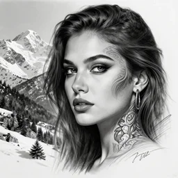 amazing blend of a hyper realistic mountain scenery with a beautiful woman face, tattoo design sketch, in the style of matteo pasqualin, hyper - realistic, amazing detail, black and white