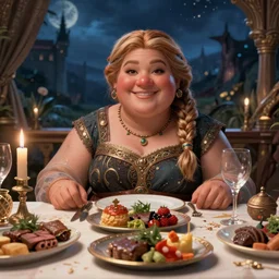 an elegant chubby dwarven woman before a beautiful dinning table with delicious food, dnd dragon age warcraft, night time, big nose, plump figure, neat braided hair, cheerful atmosphere, intricate, by greg staples and elsa beskow