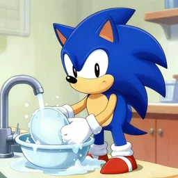sonic the hedgehog, washing dishes, Trending on Artstation, Hiroaki Tsutsumi style