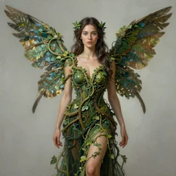 formal portrait of beautiful jungle goddess, painted by jesper ejsing. fantasy, sci - fi, v - neck dress made entirely of vines, wings, intricate detail, romanticism, vivid color scheme, studio lighting, artstation
