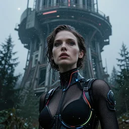 cinestill 5 0 d candid photographic portrait by helen levitt of a feminine android wearing sexy black mesh techwear with rgb trim on a dystopian structure towering above forest, extreme closeup, modern cyberpunk moody suspense emotional horror cinematic, lens flare snow storm, 8 k, hd, high resolution, 3 5 mm, f / 3 2, ultra realistic faces, ex machina