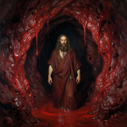 a bearded prophet inside a dark slimy cave, the walls are made of red meat, the floor is flooded, by craig mullins, ilya repin, artgerm, wlop, syd mead