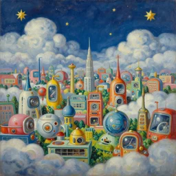 a garden city reaching the clouds and stars, vintage shapes, retro technology, happy colors. rob gonsalves, oil on canvas, deep depth field, masterpiece, cinematic composition, hyperdetailed