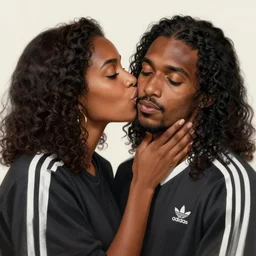 a beautiful black woman, kissing the cheek of a somali man with long curly hair, wearing adidas clothes, portrait, elegant, intricate, digital painting, artstation, concept art, smooth, sharp focus, illustration, art by konstantin korovin and daniel f. gerhartz and john howe