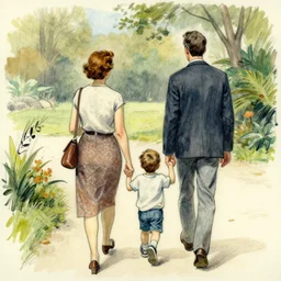 rear view of a woman, a man and a young boy, walking in a zoo, sketch by norman rockwell