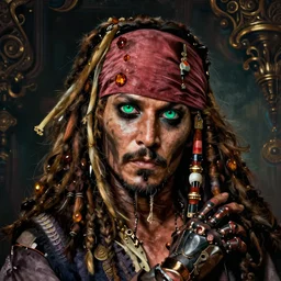 dead cyborg Johnny Depp, Jack Sparrow embraced by passion, portrait, headshot, insane avant-garde professional hair style, dramatic hair color, emerald eyes, amber jewels, ornate clothing, baroque digital painting, epic cinematic, sci-fi, psychedelic, realistic, hyperdetailed, chiaroscuro, concept art, art by Jon Foster and Michael Whelan and Amano and Karol Bak