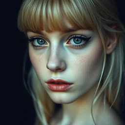 photograph of a young woman, 9 0 s goth, blonde hair, dof, sharp focus, highly detailed face, symmetric face, realistic iris, cinestill 8 0 0 t, photography by paolo roversi