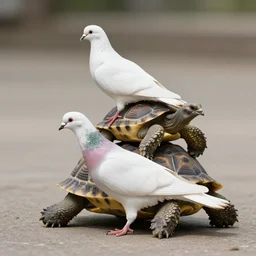 a photo of a pigeon riding a turtle on its back,