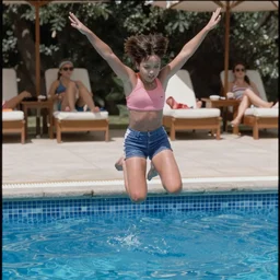 Film still of a girl with short hair jumping on the pool, movie from 1996