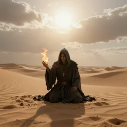 a lonely necromancer kneeling on the sand of a mercyless desert, flickering air, hot sun from above, clouds in the sky, the feeling of dread and existential terror, octane render, unreal engine, 8k high definition