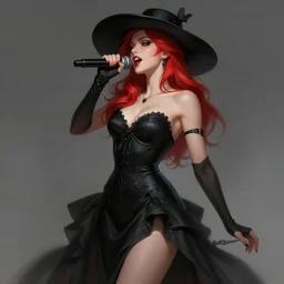 a highly detailed illustration of red haired lady wearing black noir dress and black sun hat, dramatic singing pose, intricate, elegant, highly detailed, centered, digital painting, artstation, concept art, smooth, sharp focus, league of legends concept art, wlop.