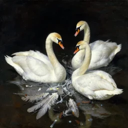 three swans,all mixed together, melted. feathers. dark atmosphere, dark space. messy image. by andrew wyeth, jenny saville and nicola samori