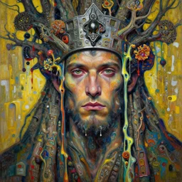 close - up portrait of a handsome tree man by irakli nadar with intricate detailed color smashing fluid oil paint and acrylic, iron headdress, melting wax, mycelia, abstract impressionism, ruan jia, fantasy, hyper detailed, concept art, by peter mohrbacher and gustav klimt,