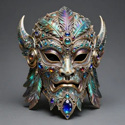 fantasy art ultra 4 k photo of a bizzare colorful metal armor warrior mask made of ceramic iridescent feathered with gems intricately spectacular magnificently carved by a master engraver by h. r. giger