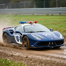 ferrari police car speeding in mud