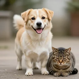 a happy dog cudfling a sad cat