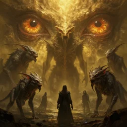 epic professional digital art of hungry eyes, ambient golden light, painted, mysterious, cinematic seaside terrifying animals scene, eerie, mythic, detailed, intricate, grand, leesha hannigan, wayne haag, reyna rochin, ignacio fernandez rios, mark ryden, van herpen, artstation, cgsociety, epic, stunning, gorgeous, wow wow detail