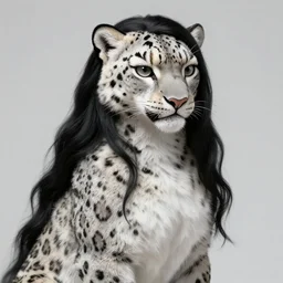 female anthropomorphic furry snow leopard with long black hair, highly textured fur, trending on artstation