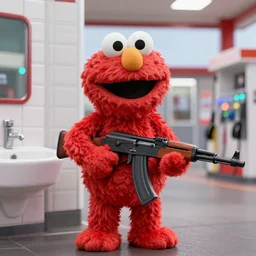 Elmo in a gas station bathroom with an AK-47