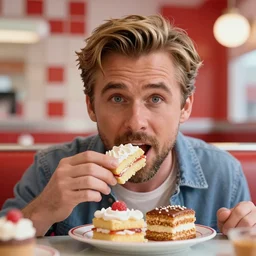 closeup face portrait of a tin toy ryan gosling eating cakes in a 1 9 5 0 s diner, by nicoletta ceccoli, mark ryden, lostfish, max fleischer, depth of field, detailed and intricate red square environment, 8 k resolution, hyperrealistic, octane render