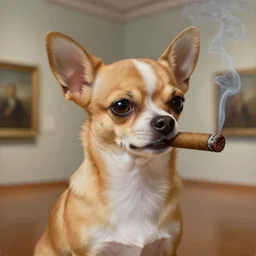 museum painting, chihuahua smoking a cigar, sharp focus, highly detailed, digital art, matte painting, masterpiece, by artgerm, by greg rutkowski