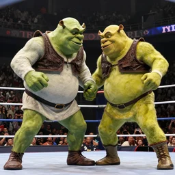 shrek vs andre the giant at wrestlemania 8, dramatic lighting, intense battle 8k