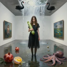 realistic painting of a flooded modern art gallery and a tall emo girl, holding a courgette, molluscs, black swans, waterfall from the ceiling, pomegranates, raw eggs, octopus, puddles, zen, surrealist, by magritte and kawase and monet