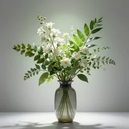 big flowers in vase, modern studio light soft colour, backlight green leaves, rembrand