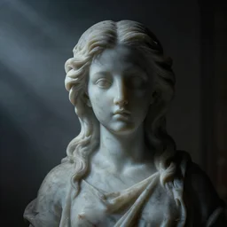 weird marble statue close up in a dark room, creepy and eerie athmosphere, mist, godrays, photorealistic, hd,