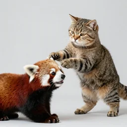 a cat play with red panda, photo
