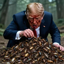 zombie trump eating a huge pile of insects. horror movie photograph.