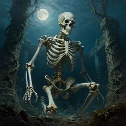 giant skeleton in ancient underwater ruins, vines, forest, hyperrealistic, highly detailed, cinematic, single ray of moon, dark sky, beautiful, cgssociety, artstation, 8 k, oil painting