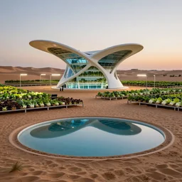 zaha hadid windtrap shaped atmospheric water collector, irrigation system in the background, racks of vegetables growing,  in the middle of the desert, with a miniature indoor lake, XF IQ4, 150MP, 50mm, F1.4, ISO 200, 1/160s, natural light at sunset with outdoor led strip lighting