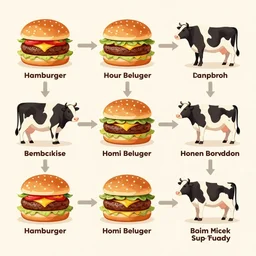 how a hamburger is made from cow to plate, infographic map, illustrated, trending on artstation