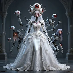 a highly detailed scary wedding day bride with multiple eyes and spikes, limbs by alex gray, android jones, karol bak, ayami kojima, artgerm, concept art, sharp angles, robot, 3 d, octane render, 8 k, unreal engine