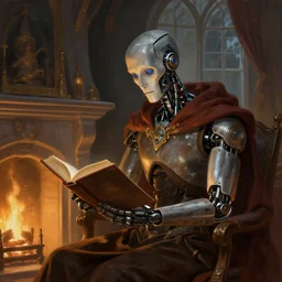 portrait of a robot wizard reading a book, fireplace, window, intellectual, sofisticated, fantasy, highly detailed, digital painting, artstation, concept art, character art, art by greg rutkowski and tyler jacobson and alphonse mucha