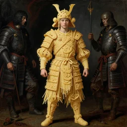 half boy half rhibo made of spaghetti, intricate armor made of spaghetti fractals, ancient warrior, samurai style, full body in frame, headspace, by giuseppe arcimboldo and ambrosius benson, renaissance, intricate and intense oil paint, a touch of beksinski, realistic