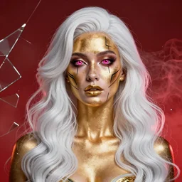 , woman in gold, high sharpness, zeiss lens, fashion photo shoot, neon shadows, long white wavy hair, against red smoke, they have gasoline on their face, neon eyes, black lines, broken glass, ralston crawford, georgia totto o'keeffe,, artistic, beautiful face, octane rendering