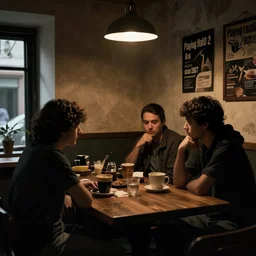 “playing halo 2 in a coffee shop in 2007. Dramatic chiaroscuro photograph”