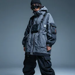 Full-color Close upper body shot. Artistically angled streetwear attired subject.  Professional studio streetwear portrait lighting. Wearing fullbody cool badass Technological DIY sci-fi wearables designed by Masamune Shirow.