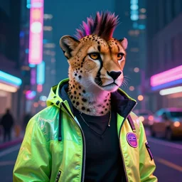 a beautiful commission of an anthropomorphic cheetah wearing a neon jacket with mohawk hair,standing on the street,futuristic,detailed face,character design by charles bowater,mohawk,cyberpunk style,deviantart,artstation,art by greg rutkowski,ross tran,professional lighting,neon city,night,raytracing,rtx