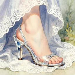 realistic closeup of foot in crystal high heel shoe surrounded by lace fabric, fantasy art, trending on artstation, sleeping beauty fairytale, art by luis royo and walter crane and kay nielsen, watercolor illustration,
