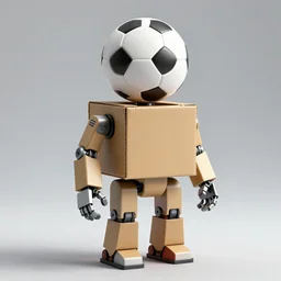 photorealistic concept art for a robot design, with a cardboard box as the body and a soccer ball for its head