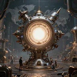 teleportation machine in a steampunk world, with people using it to travel the world, the machine is a large metal contraption with a bright light in the center by ed roth and kengo kuma